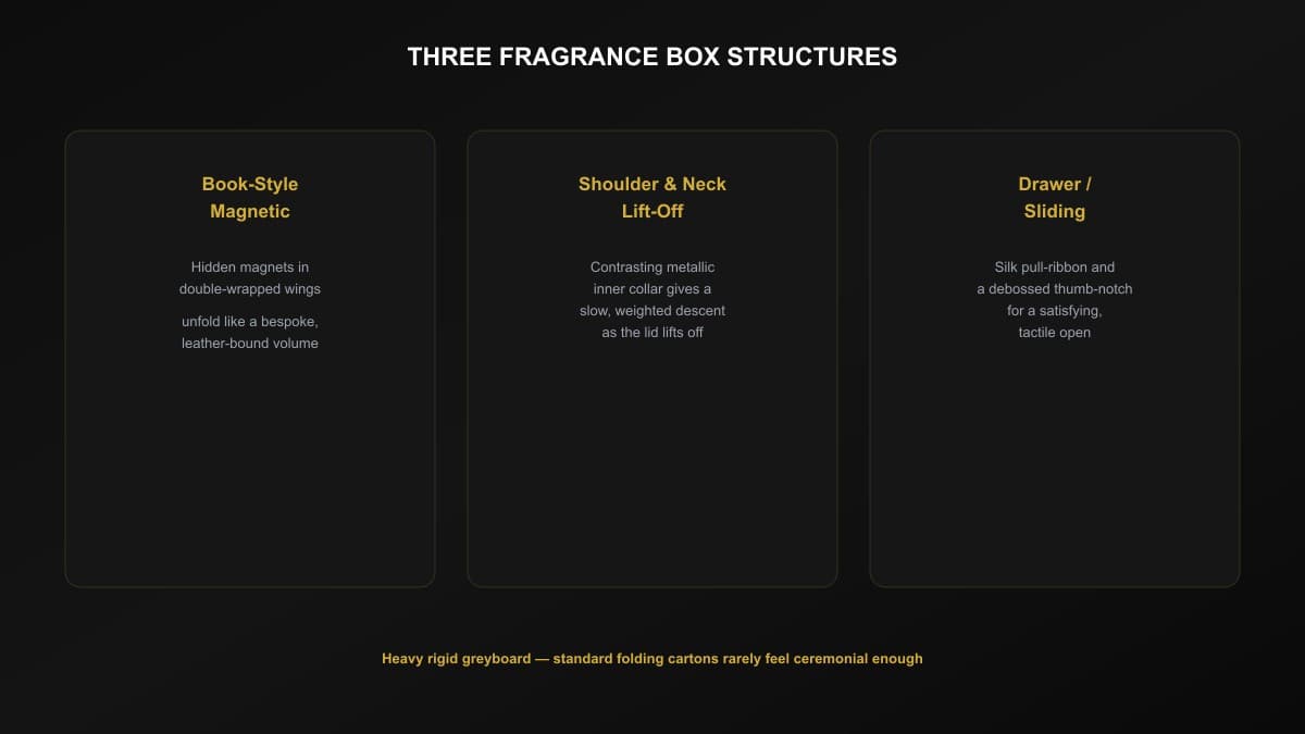Rigid book-style fragrance box with a magnetic enclosure, opened to show the internal structure